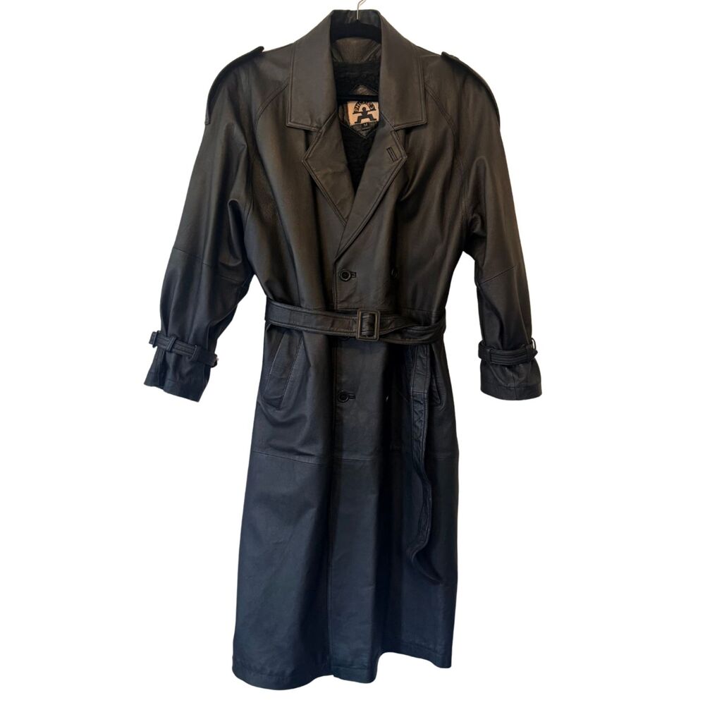 VTG 80s Phase 2 Gothic Black Leather Punk Metal Trench Coat Mens L Grunge